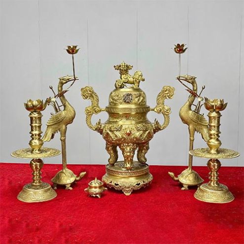 Bộ Đỉnh Hạc Chân Nến Đồng Cao Cấp Mẫu Phụng Gia Tiên DT1077