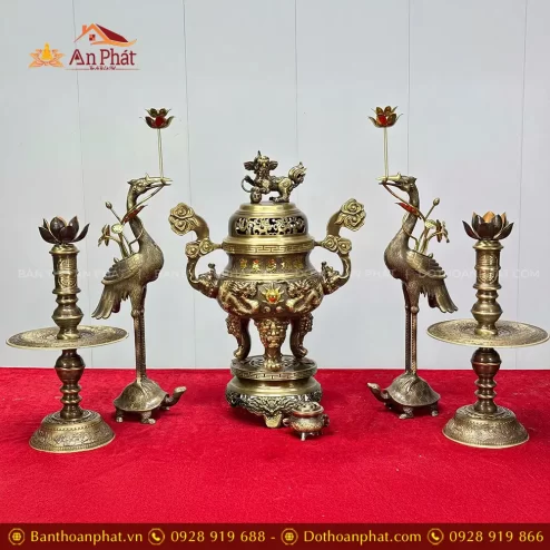 Bộ Đỉnh Hạc Đồng Cao Cấp 5 Chữ Hán Phúc - Lộc - Thọ - Khang - Ninh DT1085