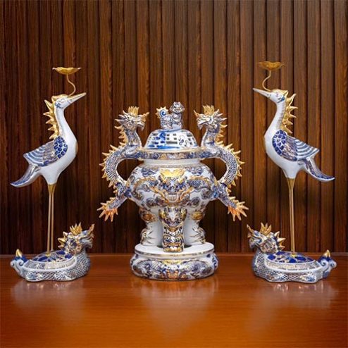 Bộ Đỉnh Hạc Men Lam Vẽ Vàng Cao Cấp Sứ Bát Tràng DT1073