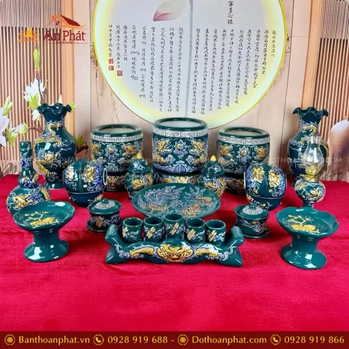 Bộ Đồ Thờ 3 Bát Hương Men Xanh Lục Bảo Đắp Nổi Bát Tràng BDT-195