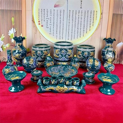 Bộ Đồ Thờ 3 Bát Hương Men Xanh Lục Bảo Đắp Nổi Bát Tràng BDT-195