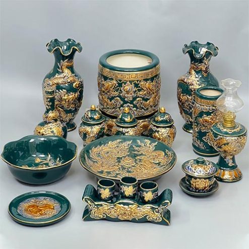 Bộ Đồ Thờ Bát Tràng Xanh Lục Bảo Đắp Nổi Vẽ Vàng Cao Cấp BDT198