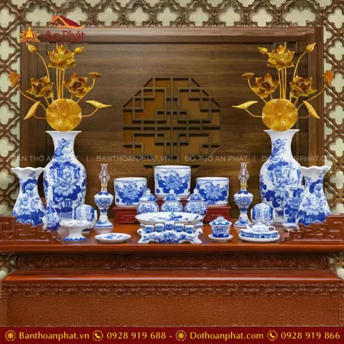 Bộ Đồ Thờ Đẹp Men Ngọc Bát Hương Hoa Sen Gốm Sứ Bát Tràng BDT11912
