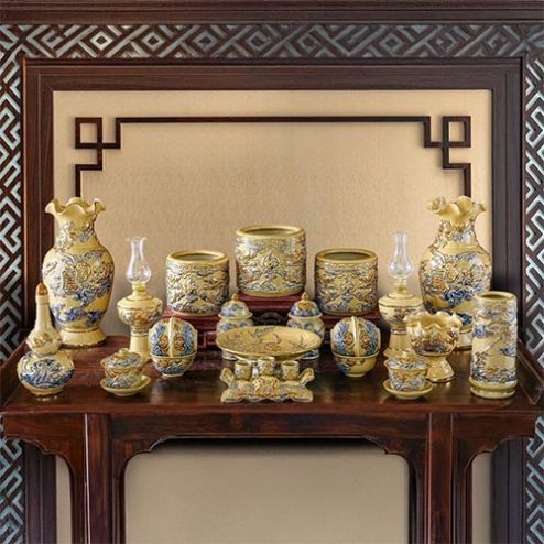 Bộ Đồ Thờ Gia Tiên Men Hoàng Thổ Đắp Nổi Vẽ Vàng BDT11901