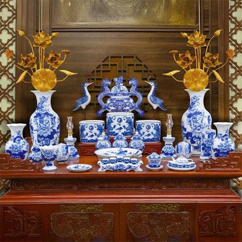 Bộ Đồ Thờ Gia Tiên Men Lam Bát Tràng BDT11907