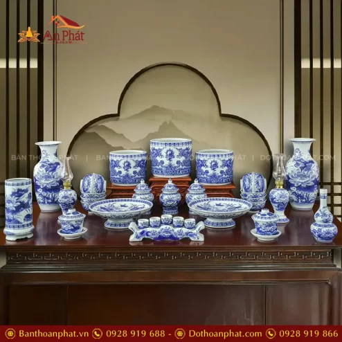 Bộ Đồ Thờ Gia Tiên Men Lam Mẫu Mới Gốm Bát Tràng BDT11915