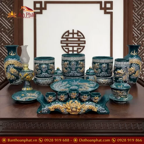 Bộ Đồ Thờ Gốm Sứ Bát Tràng Đắp Nổi Men Màu Xanh BDT196