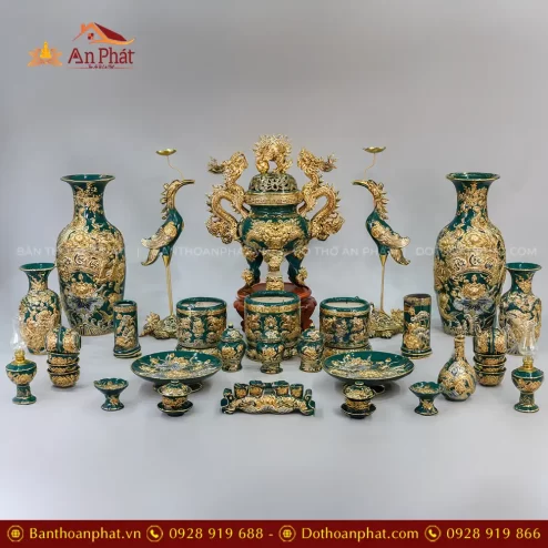 Bộ Đồ Thờ Xanh Lục Bảo Vẽ Vàng Cao Cấp Gốm Bát Tràng BDT11906
