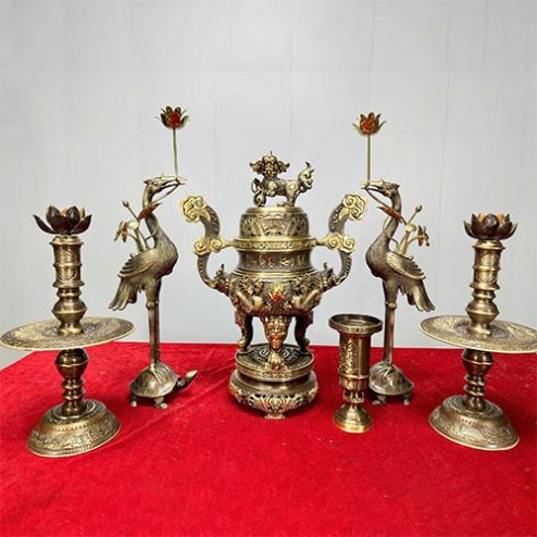 Bộ Ngũ Sự Đồng Đỉnh Hạc Chân Nến Mẫu Cuốn Thư DT1081