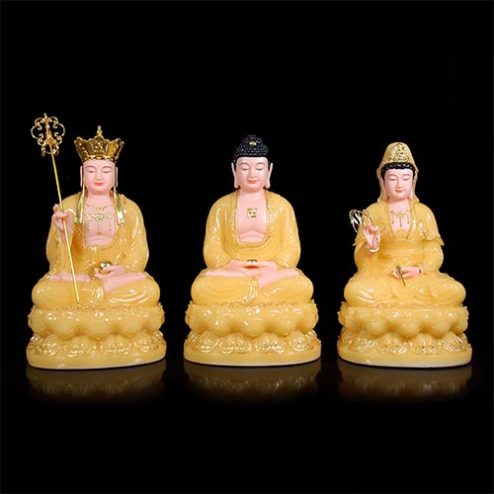 Bộ Tượng Phật Ta Bà Tam Thánh Bột Đá Thạch Anh Viền Vàng Cao Cấp T2356