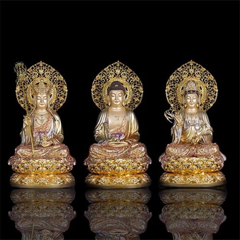 Bộ Tượng Phật Ta Bà Tam Thánh Mẫn Bảo Bằng Đồng Viền Vàng Cao Cấp T2339