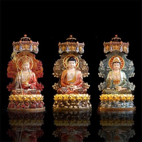 Bộ Tượng Ta Bà Tam Thánh Đồng Có Lọng Che Ngồi Đế Sen Cao Cấp T2354