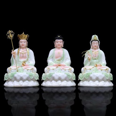 Bộ Tượng Ta Bà Tam Thánh Màu Xanh Thiên Thanh Bột Đá Cẩm Thạch T2364