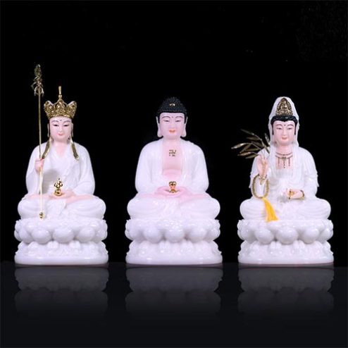 Bộ Tượng Ta Bà Tam Thánh Ngồi Đài Sen Bột Đá Trắng Da Hồng T2362