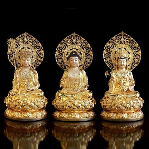 Tượng Phật Ta Bà Tam Thánh Đồng Dát Vàng Cao Cấp Mẫu Ấn Bảo T2357