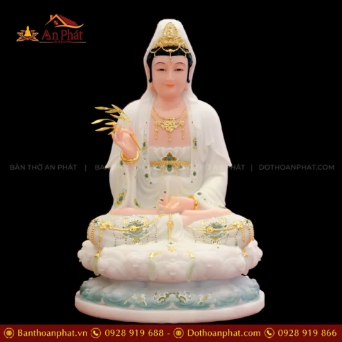 Tôn Tượng Quan Thế Âm Tọa Đài Sen Đá Đài Loan Xanh trắng T2388