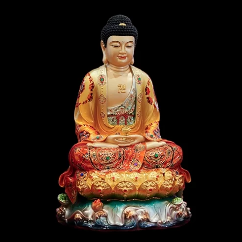 Tôn Tượng Thích Ca Mâu Ni Ngọc Thạch Phủ Đồng Tọa Lá Sen Vẽ gấm Đỏ cam T2391