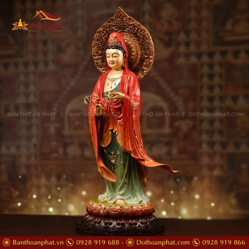 Tượng Quan Thế Âm Bồ Tát đứng bằng đồng đẹp