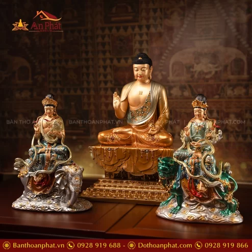 Tôn tượng Hoa Nghiêm Tam Thánh ngồi đẹp bằng đá