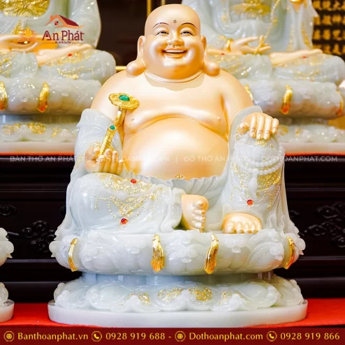 Tượng Bồ Tát Di Lặc Tọa Đài Sen Ngọc Thạch Phủ Đồng Hào Quang T2556