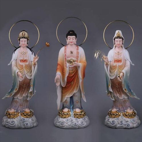 Bộ Tượng Tây Phương Tam Thánh Bột Đá Sơn Mầu Đứng Đài Sen Mạ Vàng Có Hào Quang T2474