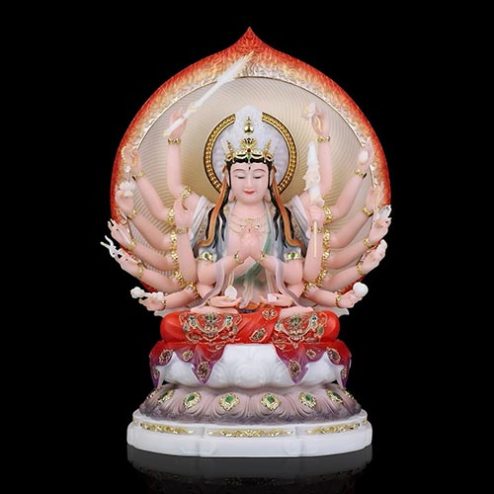 Tượng Chuẩn Đề Bồ Tát Ngồi Đài Sen Bột Đá Sơn Đỏ Nhập Khẩu T2704