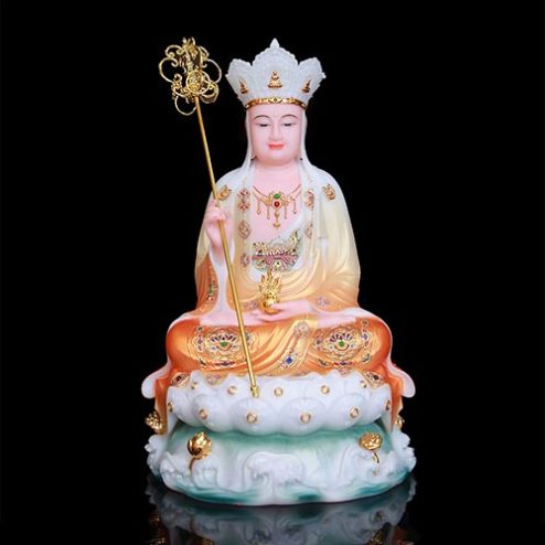Tượng Địa Tạng Vương Bồ Tát Bột Đá Áo Cam Ngồi Đế Non Nước T2644