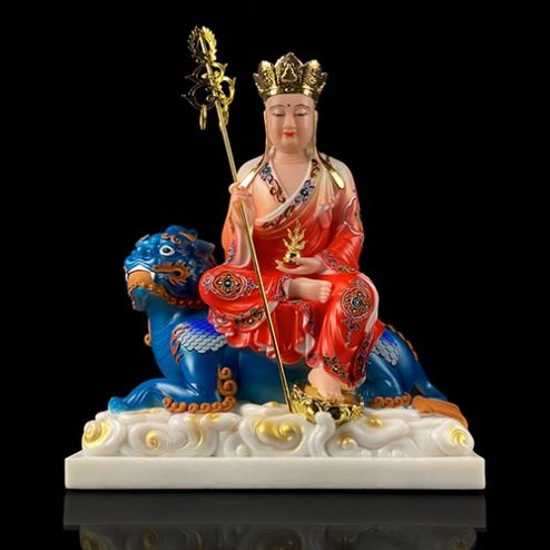 Tượng Địa Tạng Vương Bồ Tát Bột Đá Cao Cấp Áo Đỏ Cưỡi Thú T2660