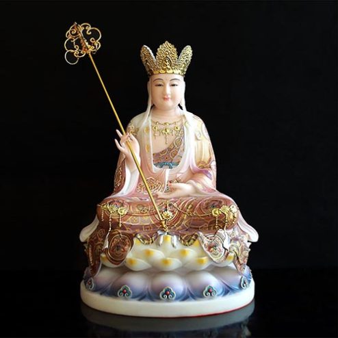 Tượng Địa Tạng Vương Bồ Tát Bột Đá Cao Cấp Vẽ Gấm Ngồi Đế Sen T2652