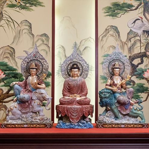 Tượng Hoa Nghiêm Tam Thánh Đồng Cao Cấp Y Áo Vẽ Gấm Nhập Khẩu T2714