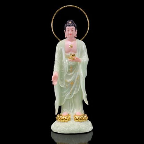 Tượng Phật A Di Đà Bằng Bột Đá Thạch Ngọc Viền Vàng Đứng Mây Song Liên Cao Cấp T2497