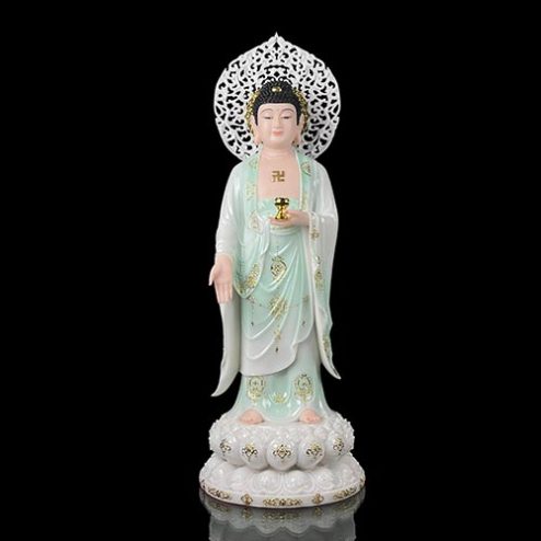 Tượng Phật A Di Đà Bột Đá Xanh Thiên Thanh Đứng Có Lá Đề T2517