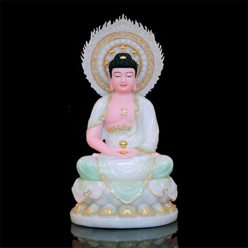 Tượng Phật A Di Đà Bột Đá Xanh Thiên Thanh Ngồi Đài Sen Có Lá Đề T2489