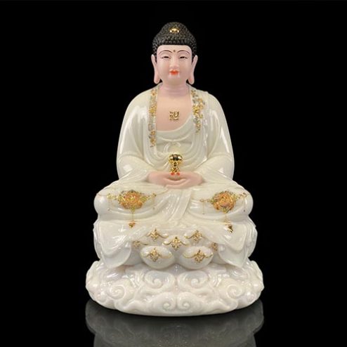 Tượng Phật A Di Đà Ngồi Đế Mây Bột Đá Trắng Viền Vàng T2511