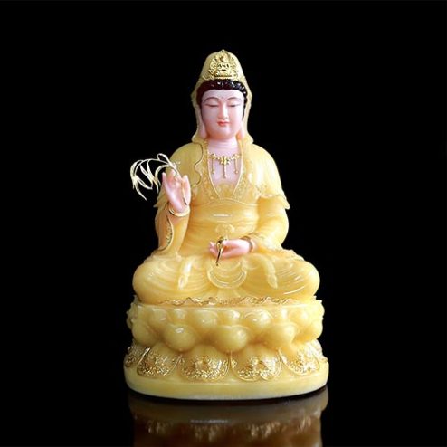 Tượng Phật Bà Quan Âm Bột Đá Thạch Anh Viền Vàng Ngồi Đài Sen T2565