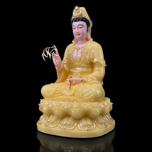 Tượng Phật Bà Quan Âm Bột Đá Thạch Anh Viền Vàng Ngồi Đài Sen T2588