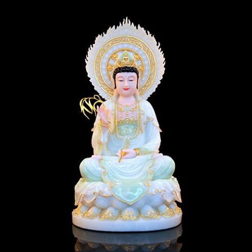 Tượng Phật Bà Quan Âm Ngồi Đài Sen Bột Đá Màu Thiên Thanh Có Lá Đề T2549