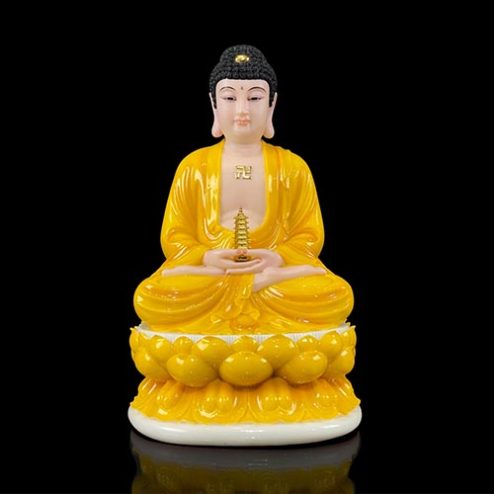 Tượng Phật Dược Sư Bột Đá Hổ Phách Vàng Ngồi Đài Sen Cao Cấp T2697