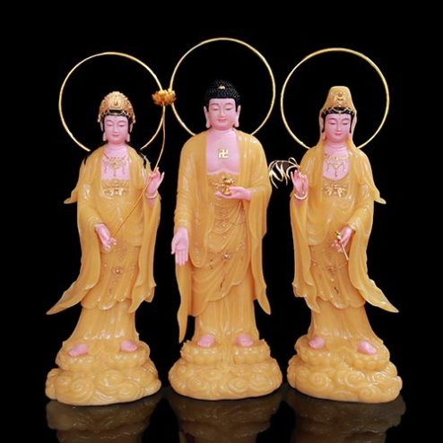 Tượng Phật Tây Phương Tam Thánh Đứng Mây Bột Đá Thạch Anh Có Hào Quang T2446