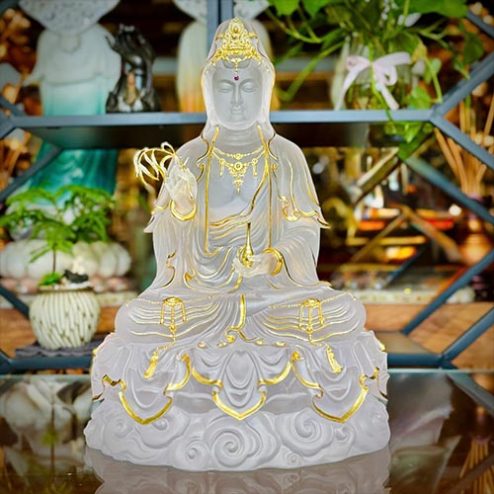 Tượng Quan Âm Bồ Tát Lưu Ly Trắng Ngồi Mây Viền Vàng Cao Cấp T2589