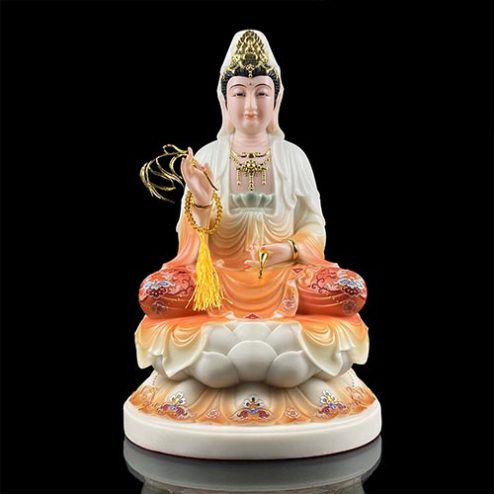 Tượng Quan Âm Bồ Tát Ngồi Đế Sen Bột Đá Sơn Màu Cao Cấp T2581