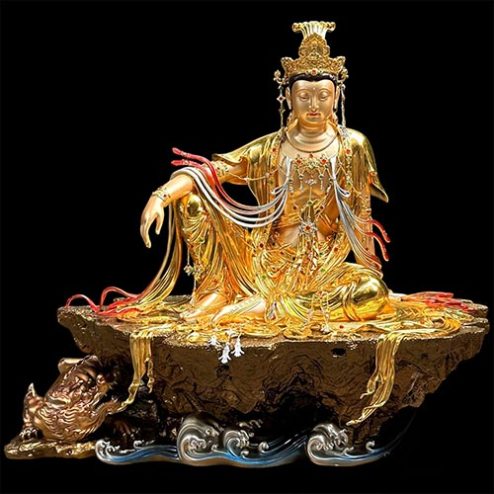 Tượng Quan Âm Tự Tại Mẫu Nguyệt Thuỷ Dát Vàng Ấn Bảo Cao Cấp T2593