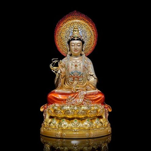 Tượng Quan Thế Âm Bồ Tát Bằng Đồng Men Cổ Dát Vàng Ngồi Đài Sen Cao Cấp T2543