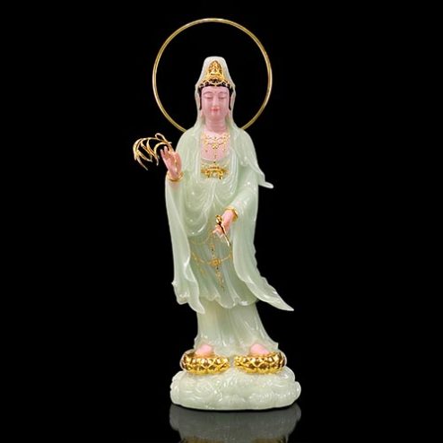 Tượng Quan Thế Âm Bồ Tát Bột Đá Xanh Ngọc Dáng Đứng Đế Mây Có Hào Quang T2587