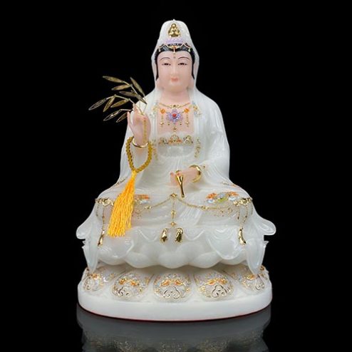 Tượng Quan Thế Âm Bồ Tát Ngồi Đế Sen To Bột Đá Trắng Viền Vàng Cao Cấp T2582