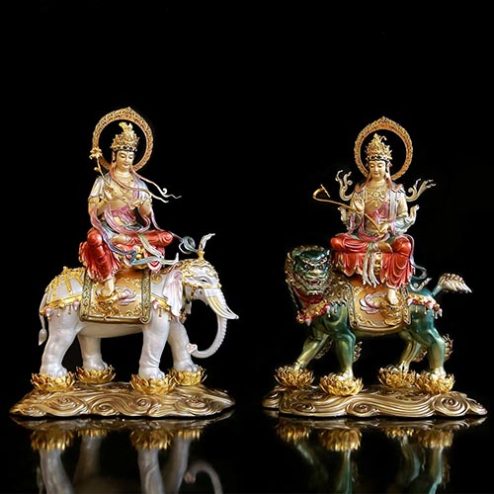 Tượng Văn Thù Phổ Hiền Bồ Tát Dáng Ngồi Bằng Đồng Sơn Men Cổ Cao Cấp T2830