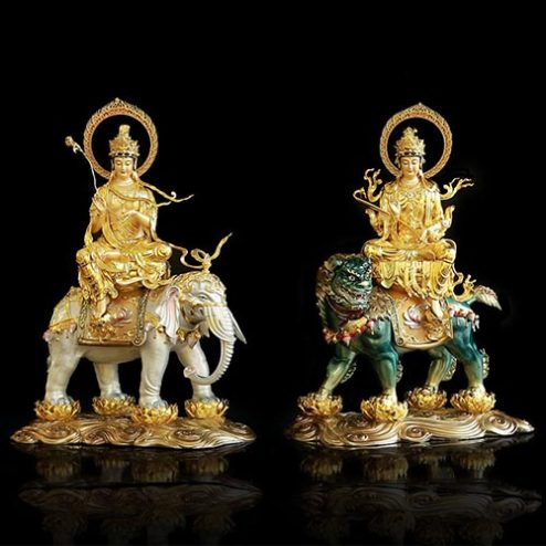 Tượng Văn Thù Phổ Hiền Bồ Tát Đồng Dát Vàng Cao Cấp Ngồi Linh Thú T2731