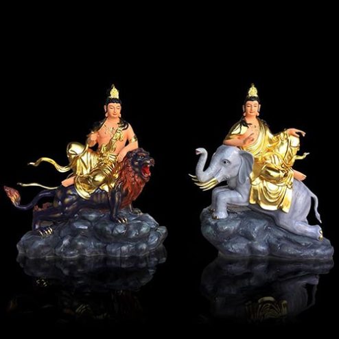 Bộ Tượng Văn Thù Phổ Hiền Bồ Tát Cưới Linh Thú Composite Dát Vàng Nhập Khẩu T2736