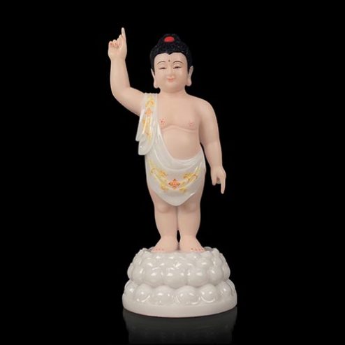 Tượng Phật Đản Sinh Bột Đá Trắng Viền Hoa Cao Cấp T2751